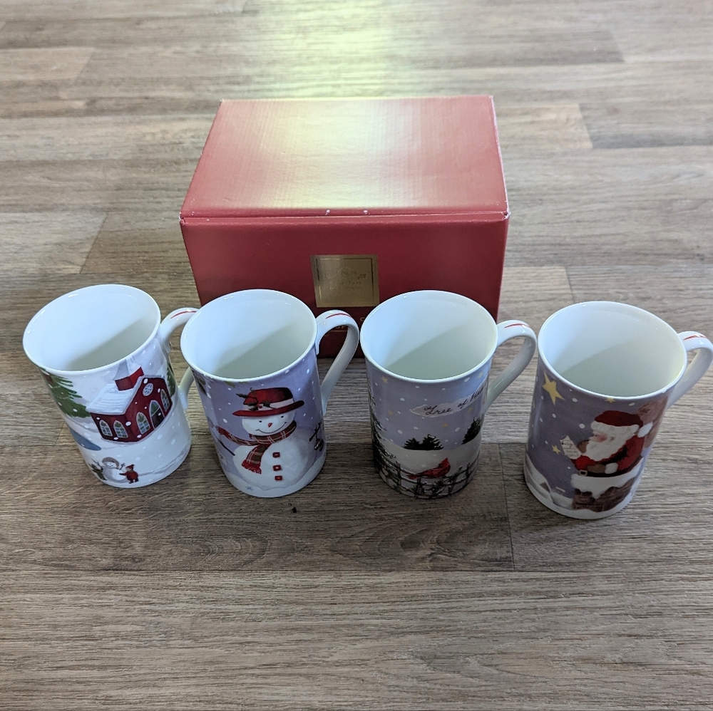 NIB Lenox Christmas Novelty Collage Set of 4 Coffee Christmas Mugs Matching Set
